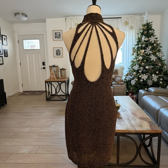 Riaziee Boutique Bronze Pure Silk Formal Beaded Mini Dress Size 4 - Picture 7 of 17